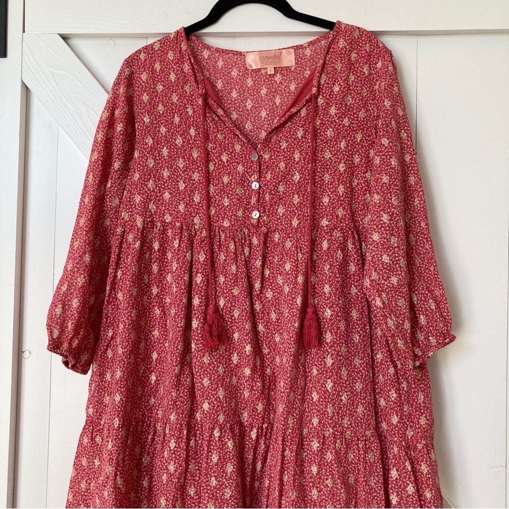 Scandal Italy dress cotton babydoll resort vacation gold pink print size S - Picture 15 of 16